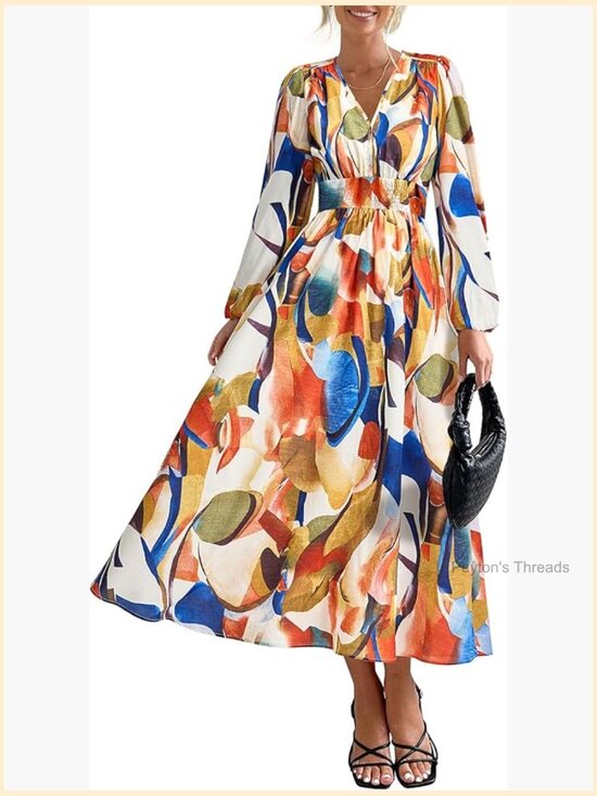 Dresses & Skirts - Women's Floral Midi Dress V Neck Long Sleeve Flowy A-Line